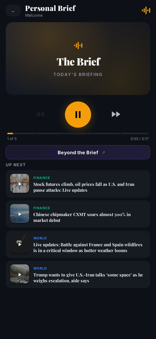 theBrief Daily personal brief playing with Up Next queue