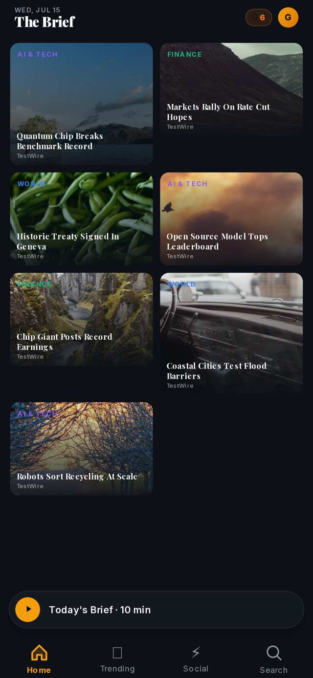 theBrief home screen — a magazine-style grid of today's stories