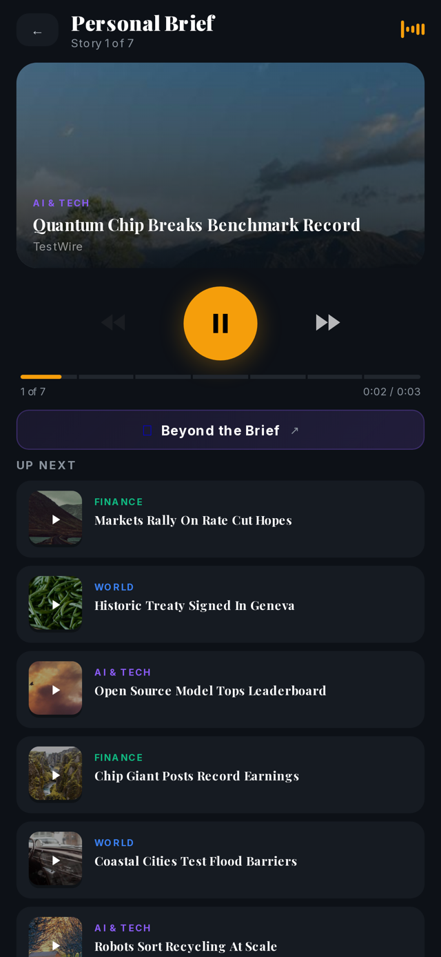 theBrief player — your personal brief with Up Next queue